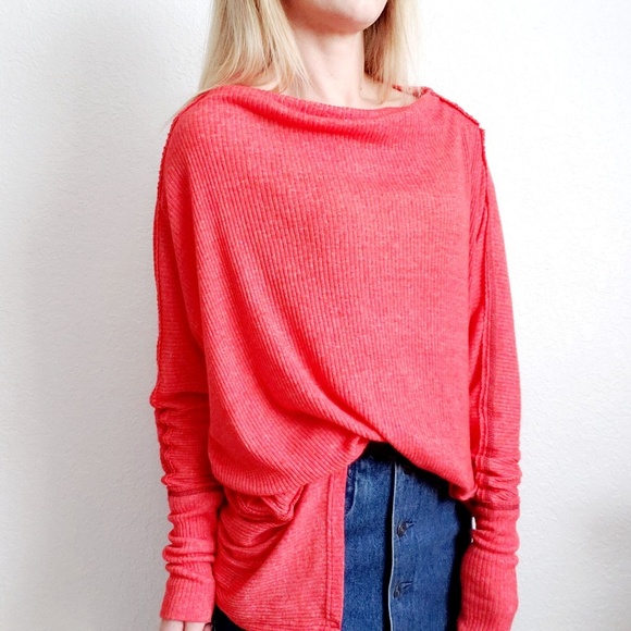 Free People Tops - Free People Cozy Red Orange Boat Neck Thermal Top